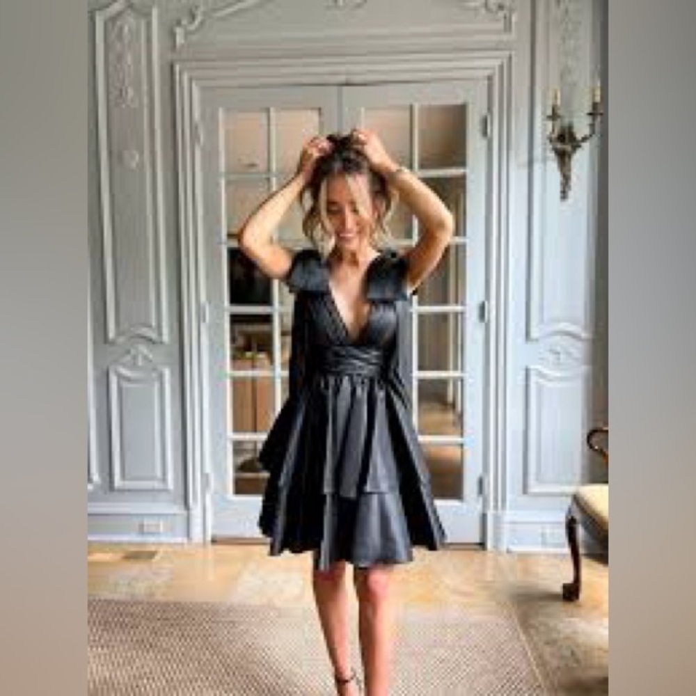Black Oversized Bow Deep V Ruffle Mini Dress - Picture 6 of 9